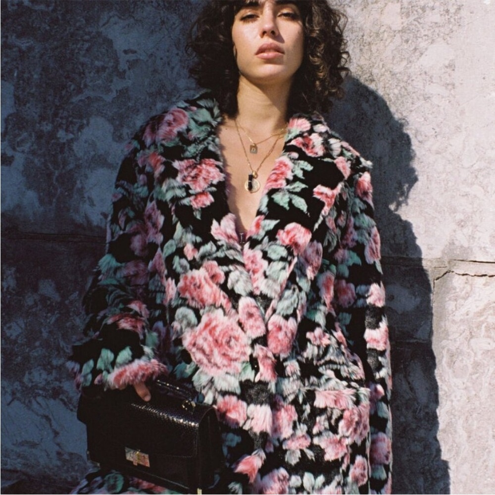 NWOT! The Kooples Neon Rose Floral-Print Faux-Fur Coat - Picture 4 of 13